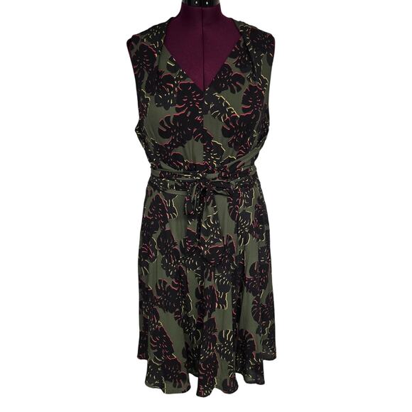 Women's Tahari Olive Black Abstract Floral A-Line Self Tie Dress | Size 16 - Picture 1 of 12